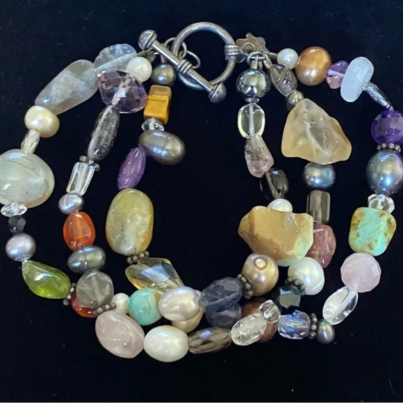 Set of Necklace & Bracelet with Natural Multicolor Stones, Beads & Faux Pearls. - Picture 2 of 12